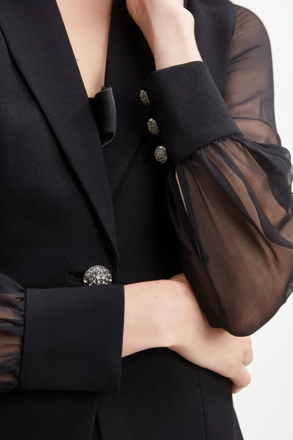 Elie Tahari Suiting | Jackets & Blazers-Chiffon Sleeve Jewel Button Blazer