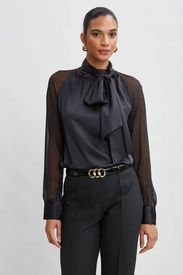 Elie Tahari Tops & Sweaters-Chiffon Sleeve Silk Satin Tie Shirt