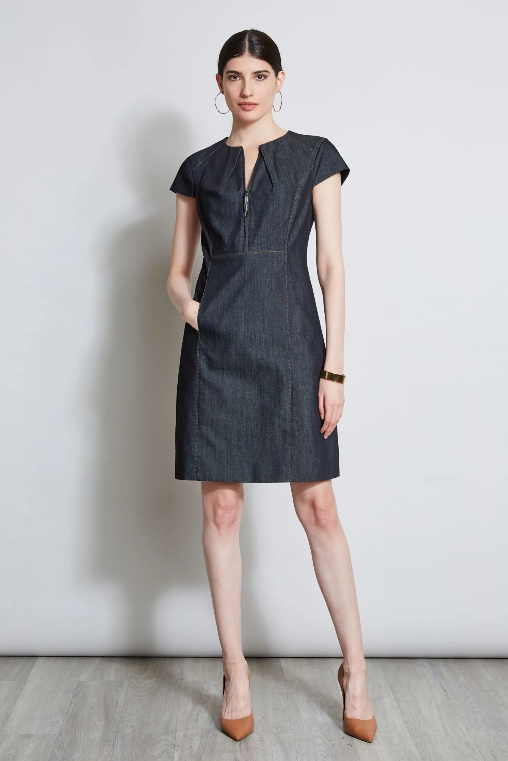 denim_fit_amp_flare_zip_d_1.webp Elie Tahari Dresses & Jumpsuits | Short Sleeve Dresses-Denim Fit & Flare Zip Dress