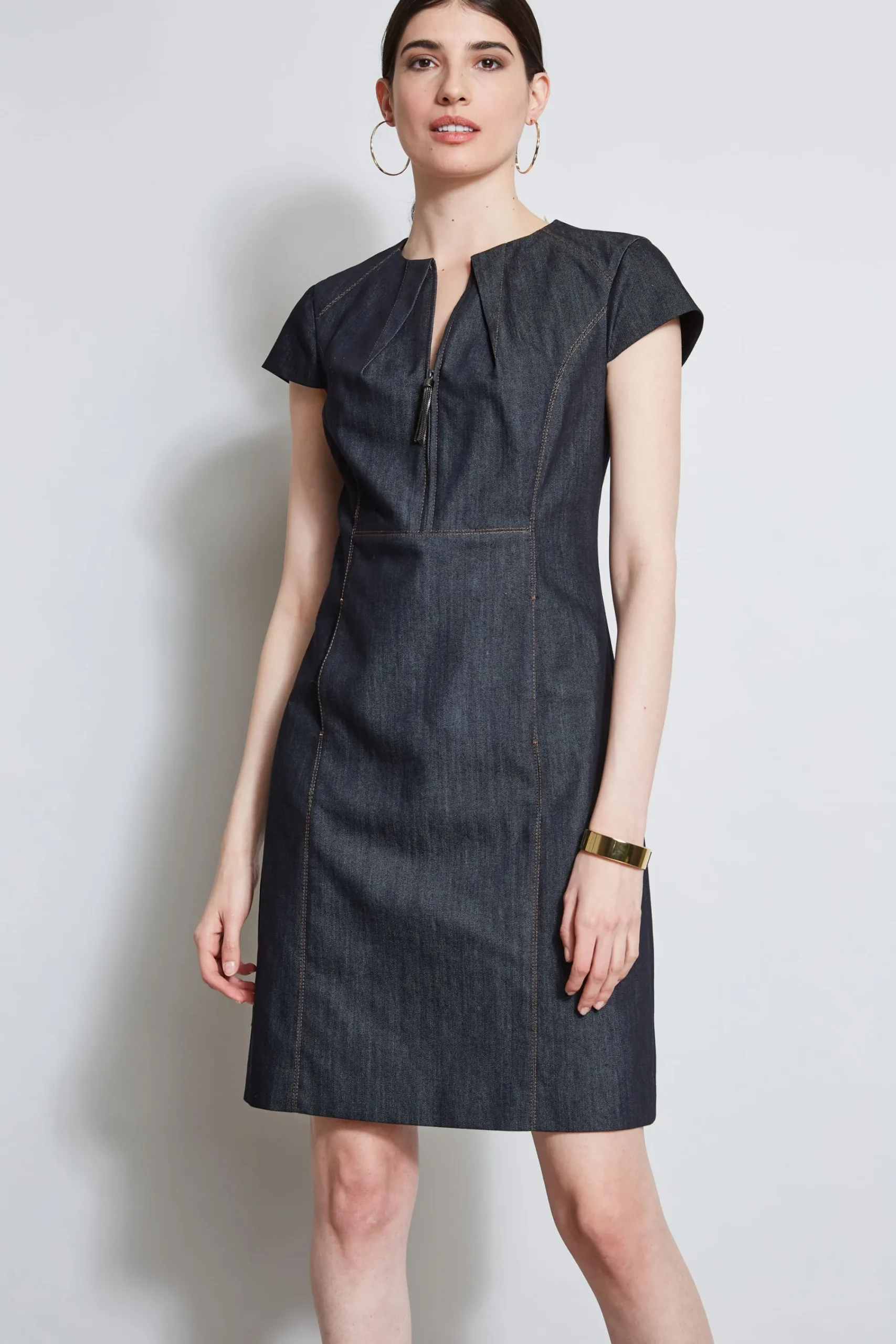 denim_fit_amp_flare_zip_d_2.webp Elie Tahari Dresses & Jumpsuits | Short Sleeve Dresses-Denim Fit & Flare Zip Dress