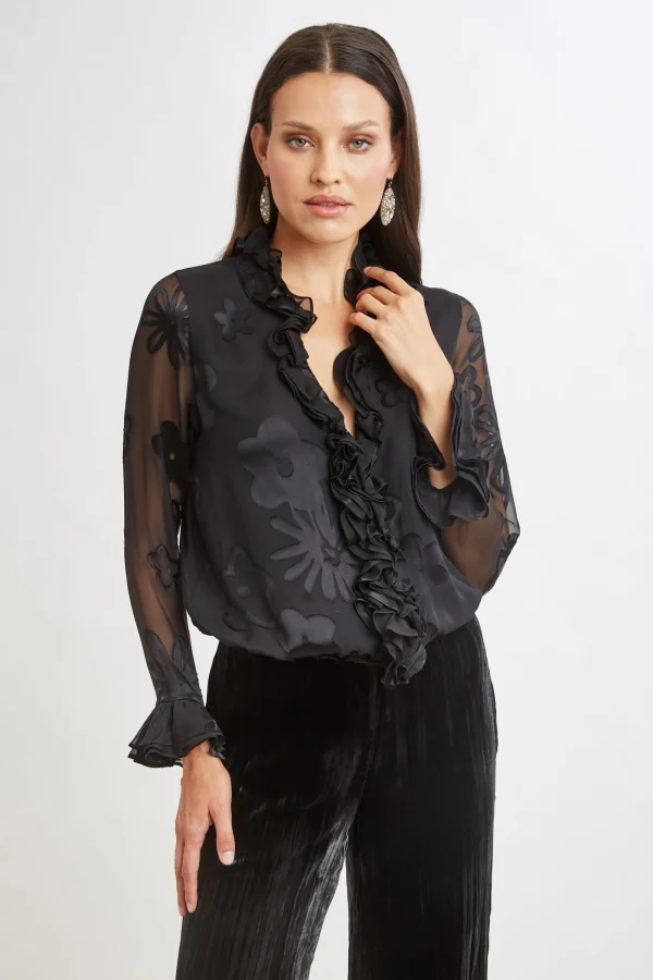 Elie Tahari Tops & Sweaters-Floral Satin Burnout Blouson Shirt