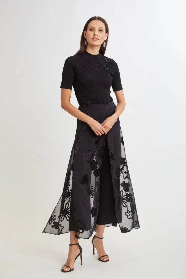 Elie Tahari Bottoms-Floral Satin Burnout Overlay Pant