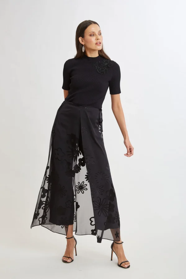 Elie Tahari Bottoms-Floral Satin Burnout Overlay Pant