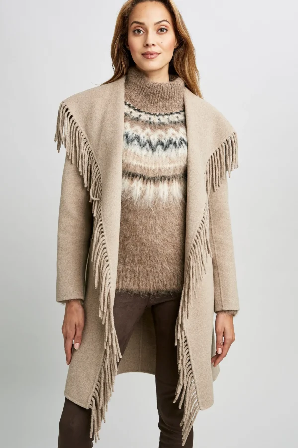 Elie Tahari Coats-Long Sleeve Fringe Detail Wrap Coat