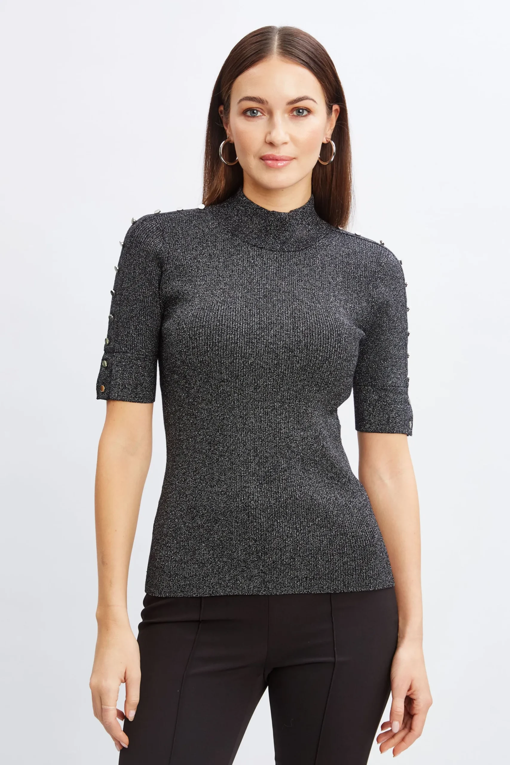 metallic_mock_neck_short__0.webp Elie Tahari Tops & Sweaters-Metallic Mock Neck Short Sleeve Sweater