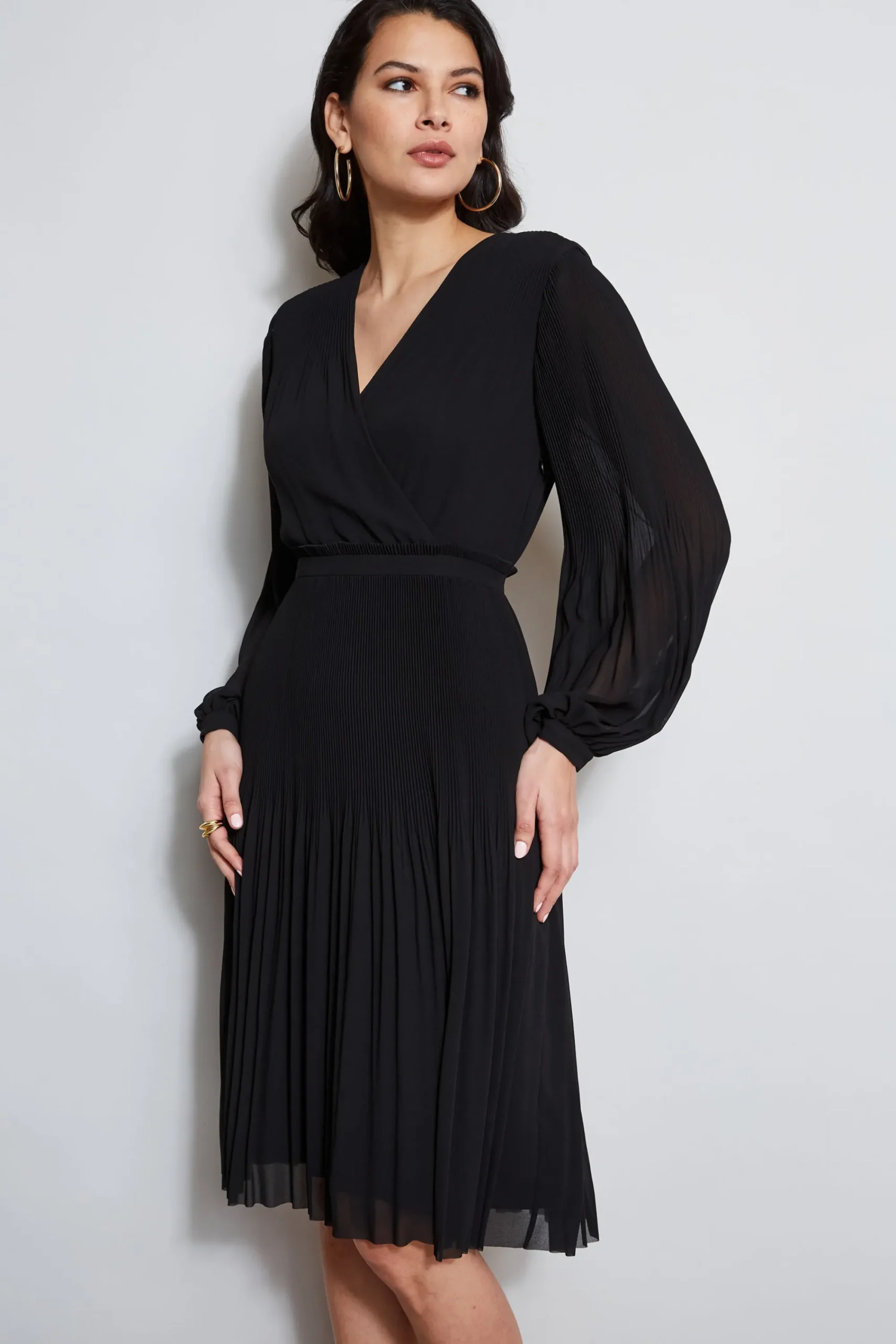 mock_wrap_pleated_dress_3.webp Elie Tahari Dresses & Jumpsuits | Long Sleeve Dresses-Mock Wrap Pleated Dress