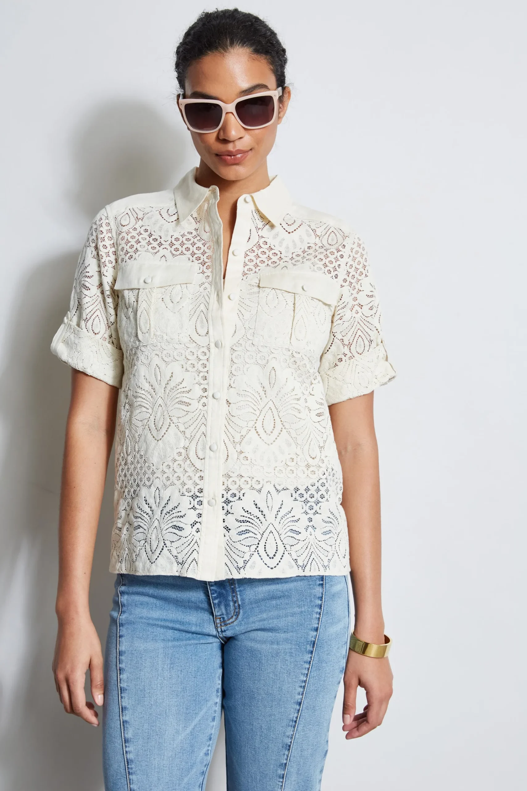 short_sleeve_lace_utility_0.webp Elie Tahari Tops & Sweaters-Short Sleeve Lace Utility Shirt