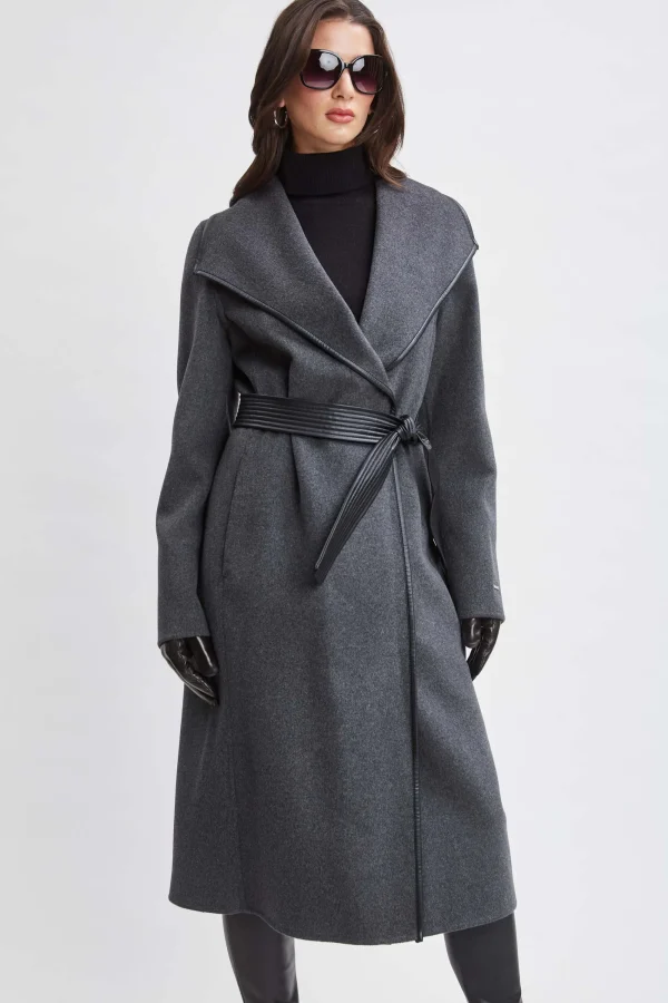 Elie Tahari Coats-Tahari Double Face Wool Vegan Leather Trim Coat