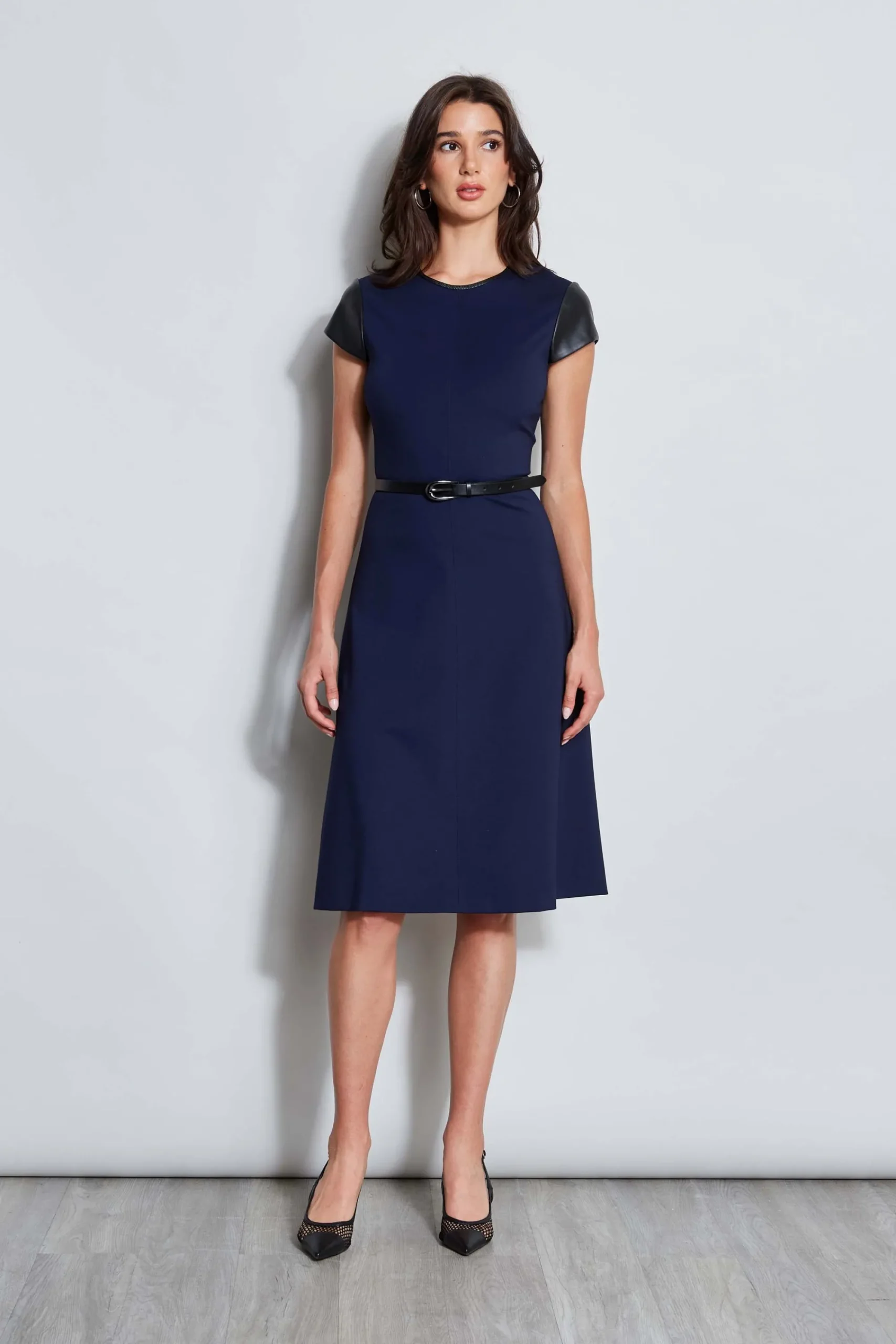 vegan_leather_short_sleev_0.webp Elie Tahari Dresses & Jumpsuits | Suiting-Vegan Leather Short Sleeve Belted Knit Dress