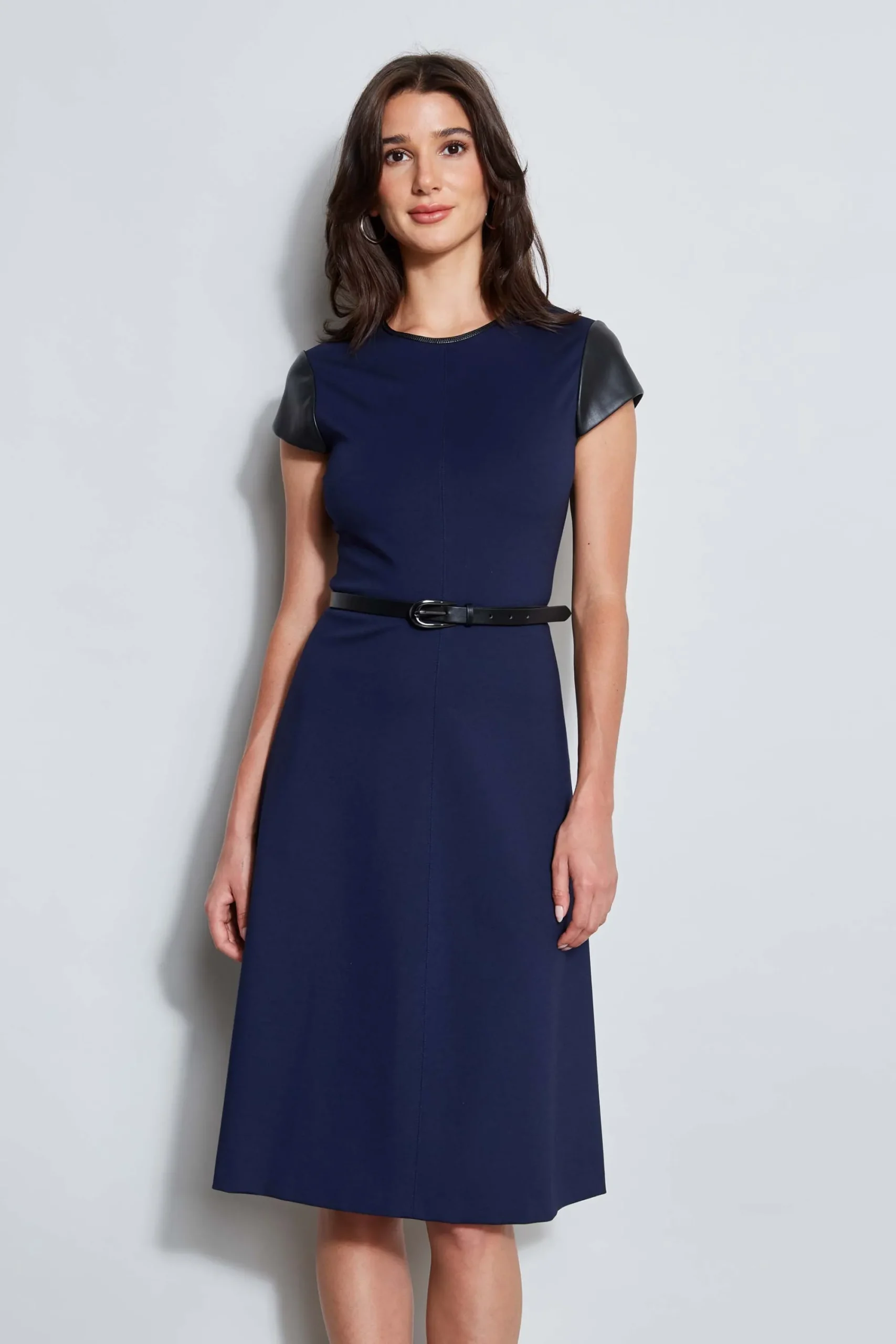 vegan_leather_short_sleev_4.webp Elie Tahari Dresses & Jumpsuits | Suiting-Vegan Leather Short Sleeve Belted Knit Dress